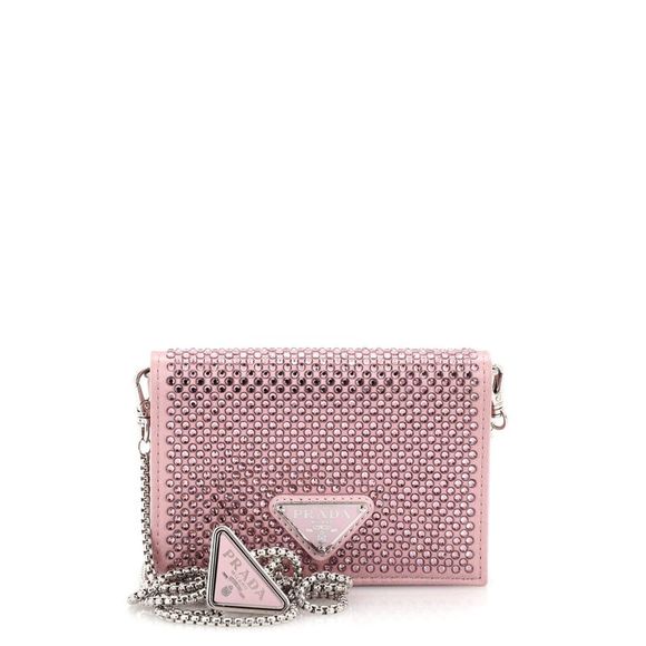 Prada Handbags - Prada Flap Card Holder with Chain Satin with Crystals Pink
